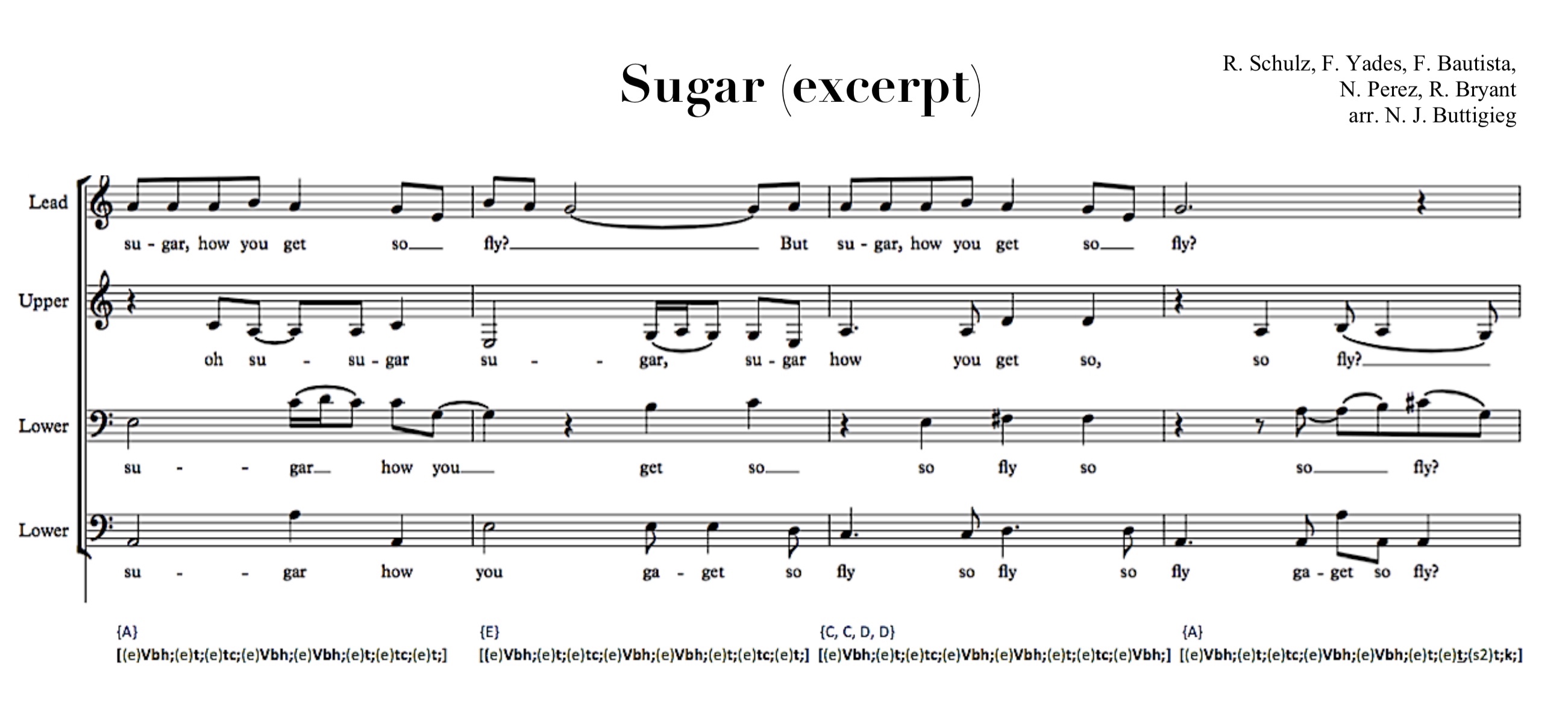 A cappella vocal arrangement excerpt featuring BCN line at the bottom. BCN may be used stand alone, or under singular or multiple standard notation staves.